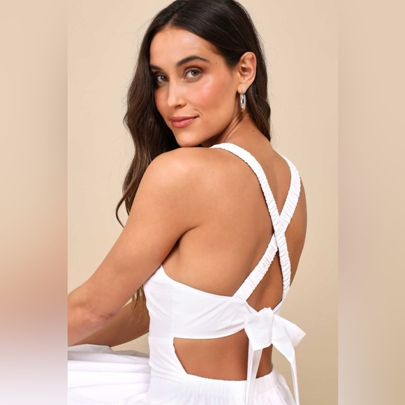 LULU’S Strolling Sicily White Pleated Backless Midi Dress With Pockets - Picture 2 of 5